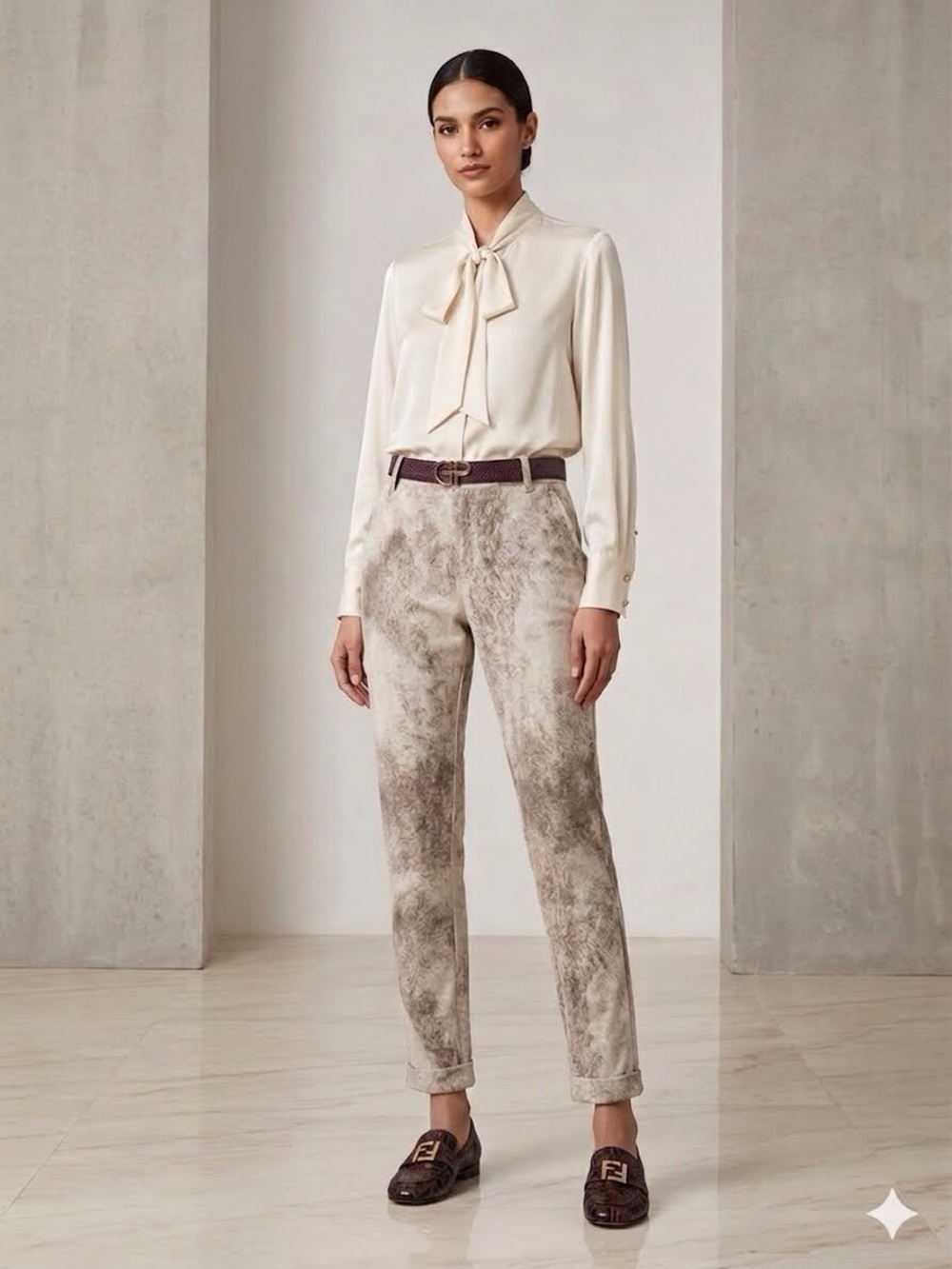🇮🇹 Angela Mara Cream Abstract Vegan Suede Tailored Trousers Small NWOT